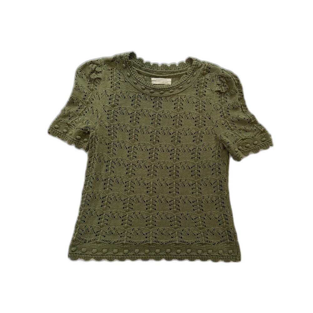 Anthropologie Green Pointelle Crochet Sweater Tee knit blouse Puff Sleeve Sz XS